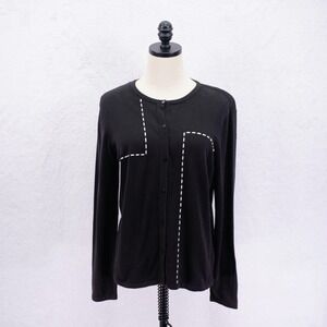 Talbots -Medium- Black Cotton‎ Rayon Crew Neck Button Up Ribbed Cardigan Sweater